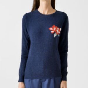 Creatures of Comfort Sweater - navy speckled crew neck w/flower wool/angora/silk